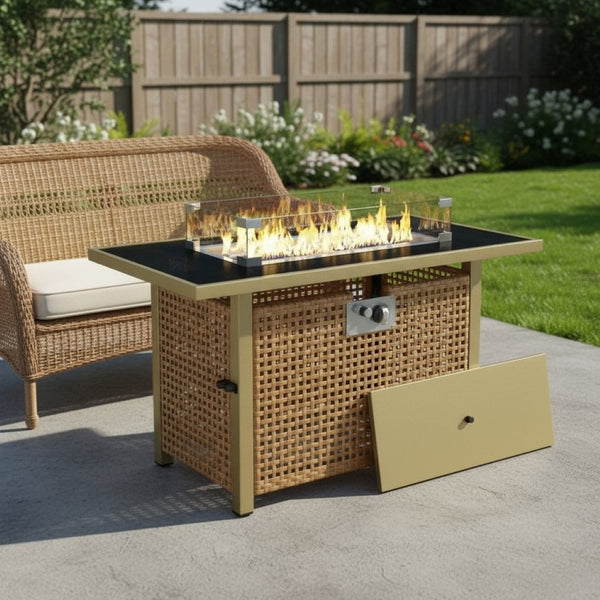 HomeRoots 60000 BTU 43" Stylish Propane Fire Pit Table with Cover - Elegant Steel & Wicker Design for Outdoors 653947