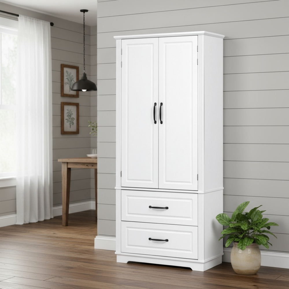 HomeRoots 71" White Wood Pantry Closet - Stylish Storage Solution with Drawers, Cabinets & Rustic Charm 653948