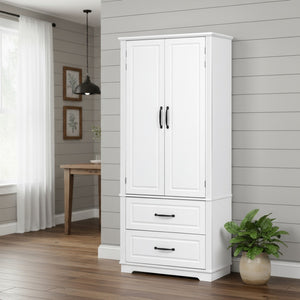 HomeRoots 71" White Wood Pantry Closet - Stylish Storage Solution with Drawers, Cabinets & Rustic Charm 653948