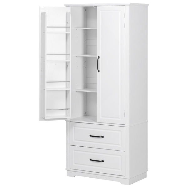 HomeRoots 71" White Wood Pantry Closet - Stylish Storage Solution with Drawers, Cabinets & Rustic Charm 653948
