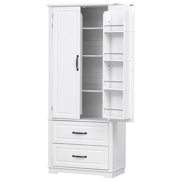 HomeRoots 71" White Wood Pantry Closet - Stylish Storage Solution with Drawers, Cabinets & Rustic Charm 653948