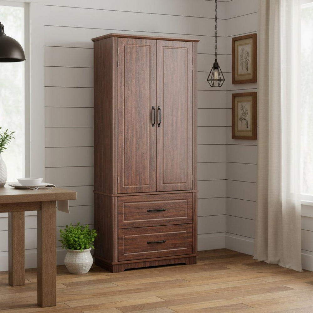 HomeRoots 71" Rustic Brown Wood Storage Closet with Adjustable Shelves, Pull-Out Drawers & Farmhouse Charm 653949