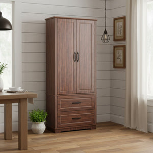 HomeRoots 71" Rustic Brown Wood Storage Closet with Adjustable Shelves, Pull-Out Drawers & Farmhouse Charm 653949