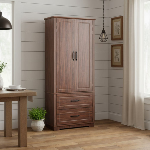 HomeRoots 71" Rustic Brown Wood Storage Closet with Adjustable Shelves, Pull-Out Drawers & Farmhouse Charm 653949