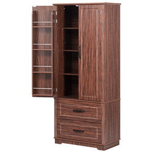 HomeRoots 71" Rustic Brown Wood Storage Closet with Adjustable Shelves, Pull-Out Drawers & Farmhouse Charm 653949