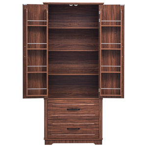 HomeRoots 71" Rustic Brown Wood Storage Closet with Adjustable Shelves, Pull-Out Drawers & Farmhouse Charm 653949