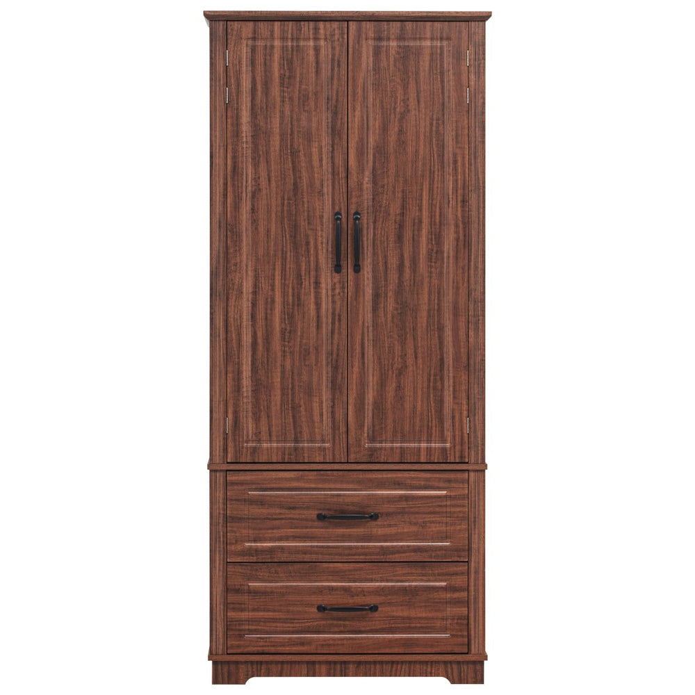 HomeRoots 71" Rustic Brown Wood Storage Closet with Adjustable Shelves, Pull-Out Drawers & Farmhouse Charm 653949