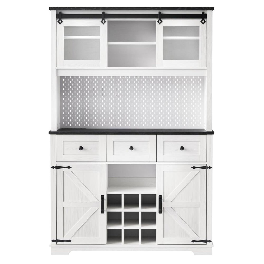 HomeRoots 71" Elegant White Wood Pantry Storage Cabinet with Glass Doors & Deep Drawers for Stylish Organization 653950