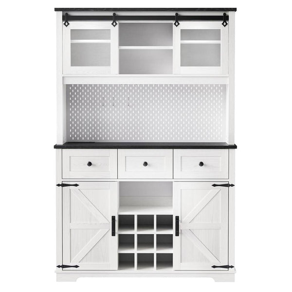 HomeRoots 71" Elegant White Wood Pantry Storage Cabinet with Glass Doors & Deep Drawers for Stylish Organization 653950