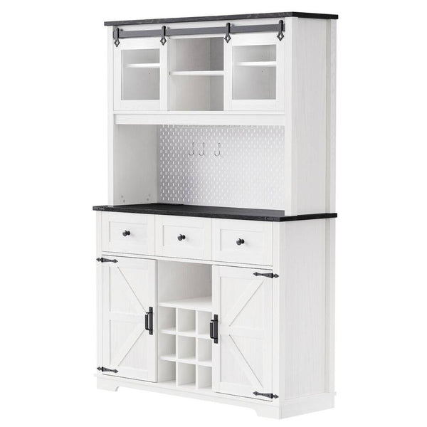 HomeRoots 71" Elegant White Wood Pantry Storage Cabinet with Glass Doors & Deep Drawers for Stylish Organization 653950