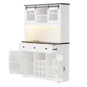 HomeRoots 71" Elegant White Wood Pantry Storage Cabinet with Glass Doors & Deep Drawers for Stylish Organization 653950