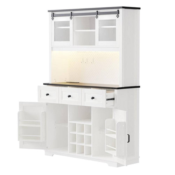 HomeRoots 71" Elegant White Wood Pantry Storage Cabinet with Glass Doors & Deep Drawers for Stylish Organization 653950