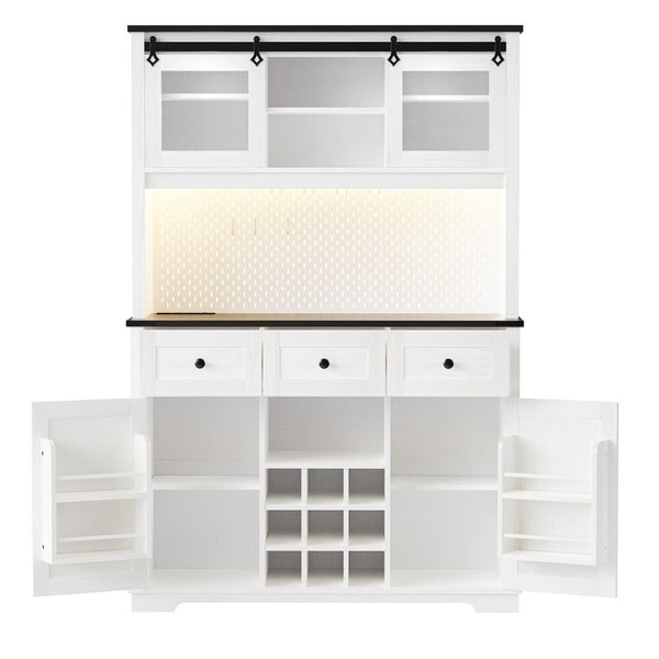 HomeRoots 71" Elegant White Wood Pantry Storage Cabinet with Glass Doors & Deep Drawers for Stylish Organization 653950
