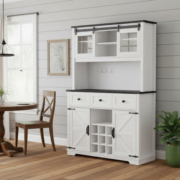 HomeRoots 71" Elegant White Wood Pantry Storage Cabinet with Glass Doors & Deep Drawers for Stylish Organization 653950