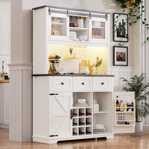 HomeRoots 71" Elegant White Wood Pantry Storage Cabinet with Glass Doors & Deep Drawers for Stylish Organization 653950