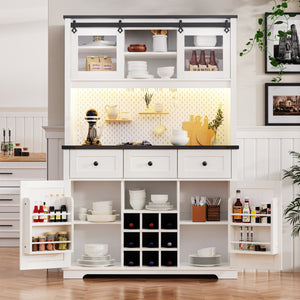 HomeRoots 71" Elegant White Wood Pantry Storage Cabinet with Glass Doors & Deep Drawers for Stylish Organization 653950