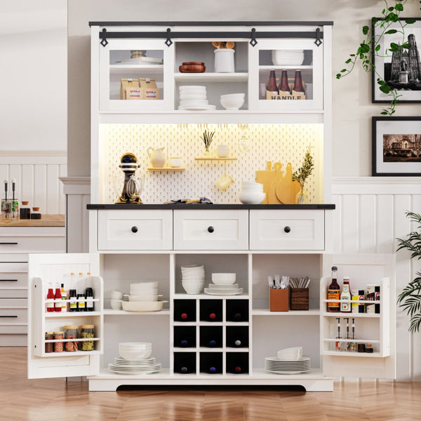 HomeRoots 71" Elegant White Wood Pantry Storage Cabinet with Glass Doors & Deep Drawers for Stylish Organization 653950