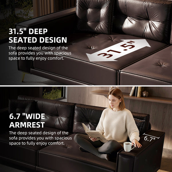 English Elm 92.1"King 3-in-1 Convertible Sleeper Sofa Bed with Tufted Faux Leather, Ultra-Wide Arms, 4-Seater Couch Dark Brown W1885S00210