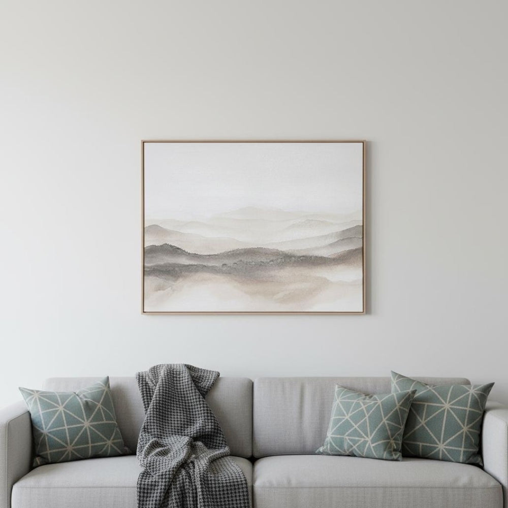 HomeRoots Over the Hills Hand-Painted Canvas Art in Rich Brown Floater Frame for Stunning Home Décor 653986