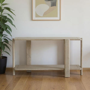 HomeRoots 54" Hand-Finished Solid Wood Distressed Console Table with Unique Design & Two-Tier Storage Solution 653989