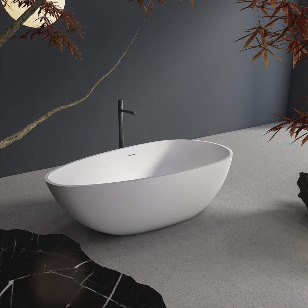 English Elm 66.9 Inch Stone Resin Freestanding Soaking Tub Matte White Sculptural Spa Bath W1613P162597