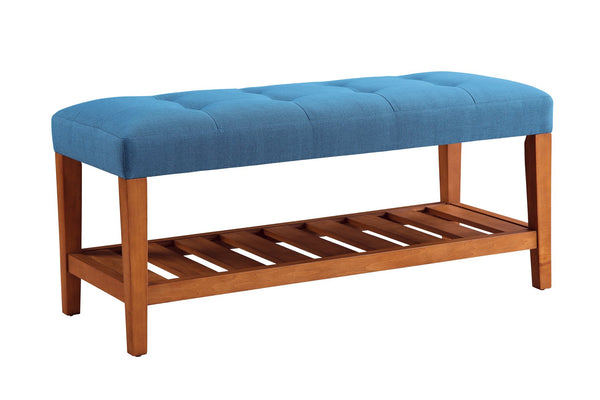 English Elm Charla Tufted Fabric Bench with Oak Tapered Legs and Open Slatted Shelf — Cozy Seating & Storage Light Blue 43 L x 18 W x 7 H B2726P256273