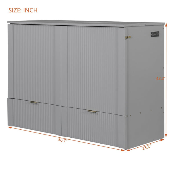 English Elm Full Size Wall Murphy Bed Cabinet with Usb Ports Drawer and Pulley Lift Gray Finish LP100770AAE