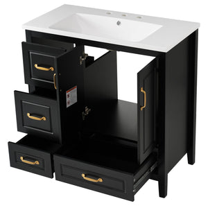English Elm Christopher Knight Home® - 36" Freestanding Bathroom Vanity with Resin Sink, Soft-Close Doors & Drawers, Gold Alloy Handles, Spacious Storage and Easy Plumbing Access Black N759P292552B