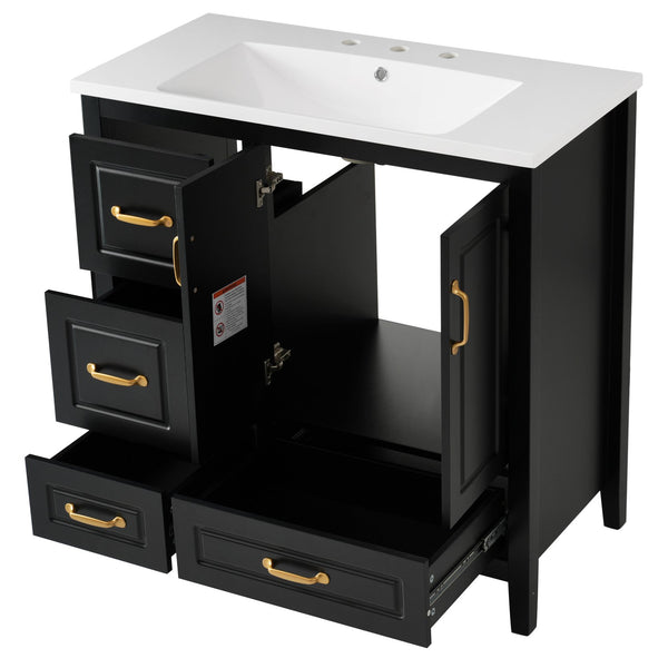 English Elm Christopher Knight Home® - 36" Freestanding Bathroom Vanity with Resin Sink, Soft-Close Doors & Drawers, Gold Alloy Handles, Spacious Storage and Easy Plumbing Access Black N759P292552B