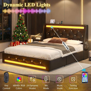 English Elm Queen Platform Bed Wingback Diamond Quilted Headboard Led Lighting Storage Drawers Black W5722P462684