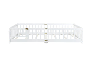 English Elm Queen Floor Bed with Safety Fence and Guardrails, Rubberwood Low Profile Platform for Kids White W504P286387