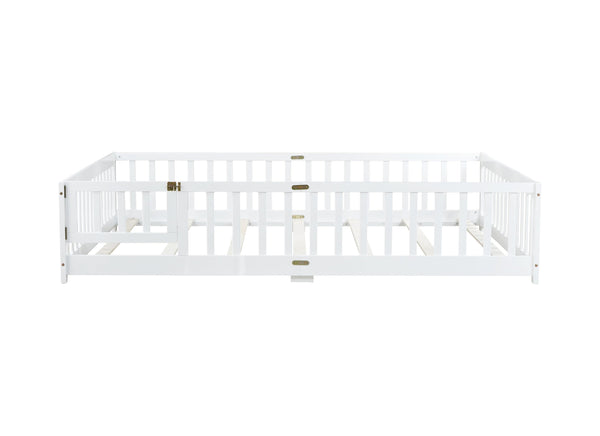 English Elm Queen Floor Bed with Safety Fence and Guardrails, Rubberwood Low Profile Platform for Kids White W504P286387
