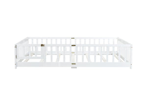 English Elm Queen Rubber Wood Floor Bed with Full Perimeter Safety Fence and Hinged Access Door White W504P429340