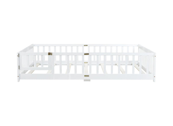 English Elm Queen Rubber Wood Floor Bed with Full Perimeter Safety Fence and Hinged Access Door White W504P429340