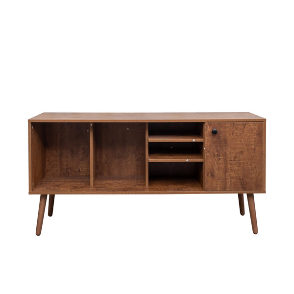 English Elm TV Stand Mid-Century Modern 53" TV Console with 1 Cabinet and 3 Open Shelves, Durable Veneer Frame Walnut Brown W331P247811