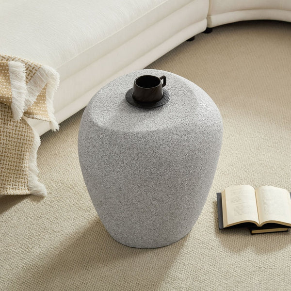 English Elm 19.29 Inch Fiberglass Stacked Stone Side Table Sculpted Organic Form for Living Room Beige W2582P427035