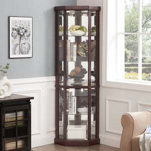 English Elm Lighted Corner Curio Cabinet - Stylish Dark Cherry Display Case For Collectibles & Barware Storage W1758P294618