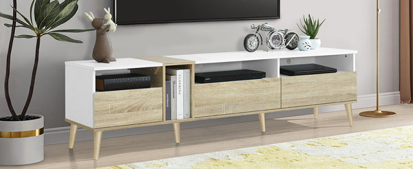 English Elm Modern TV Stand with 3 Drawers & 4 Open Shelves, 80" Media Console White+Wood, Cable Management, P2 Board N710P234108K