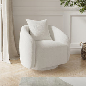 English Elm Swivel Barrel Armchair in Teddy Fabric with Lumbar Pillow and Solid Wood Legs White T3623P430697
