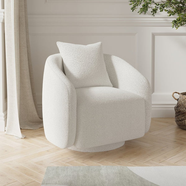 English Elm Swivel Barrel Armchair in Teddy Fabric with Lumbar Pillow and Solid Wood Legs White T3623P430697