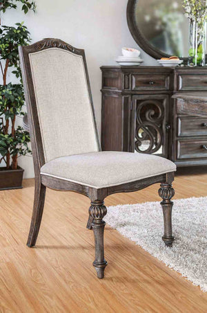 English Elm Elegant Round Pedestal Dining Set Carved Wood Table with Four Upholstered Side Chairs Ivory,Natural,Natural+Rustic B2741S00886