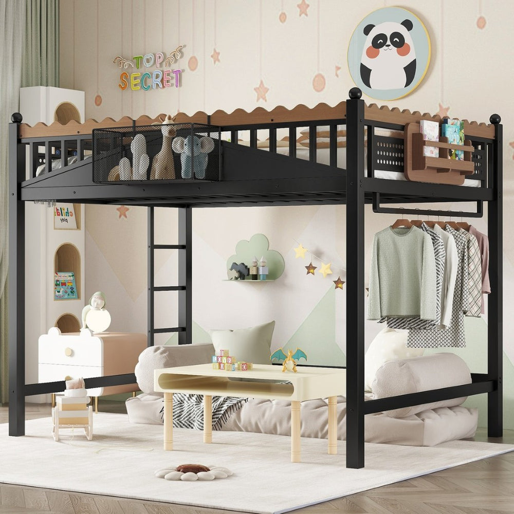English Elm Full Size Metal Loft Bed with Built-in Shelving for Teen or Studio Bedroom W1580S00381