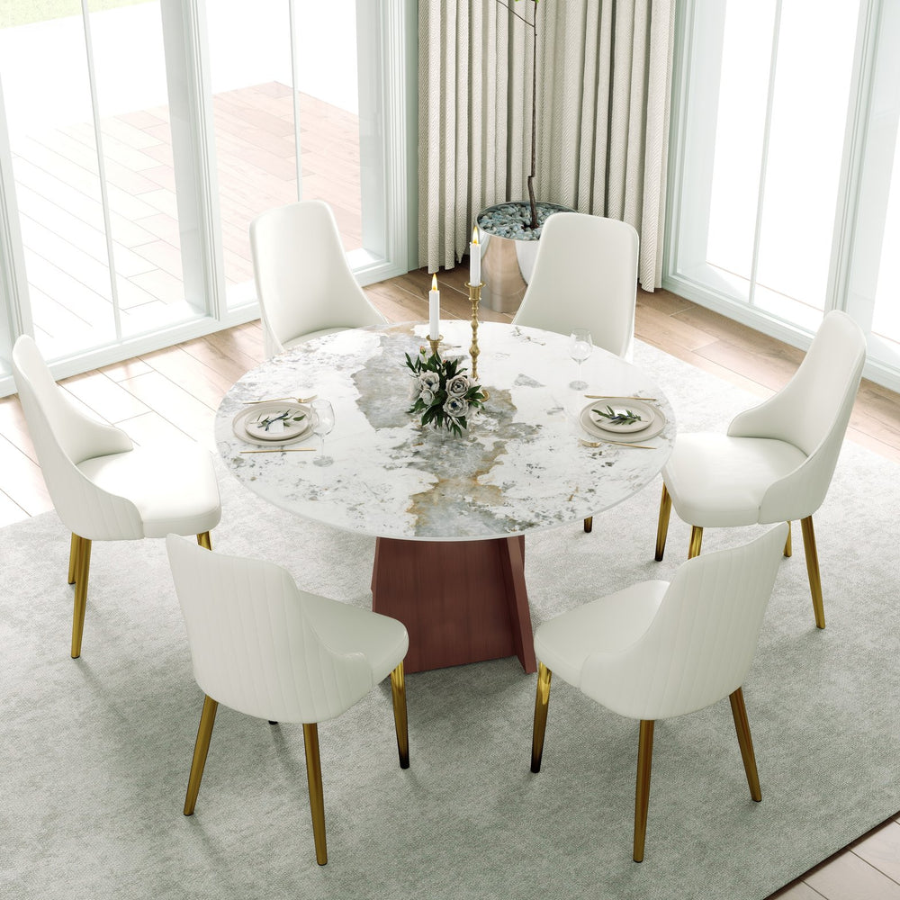 English Elm 53" Round Marble Dining Table - Stylish Iron Base, Seats 6, Ideal For Modern Dining Rooms & Kitchens W1535S00486