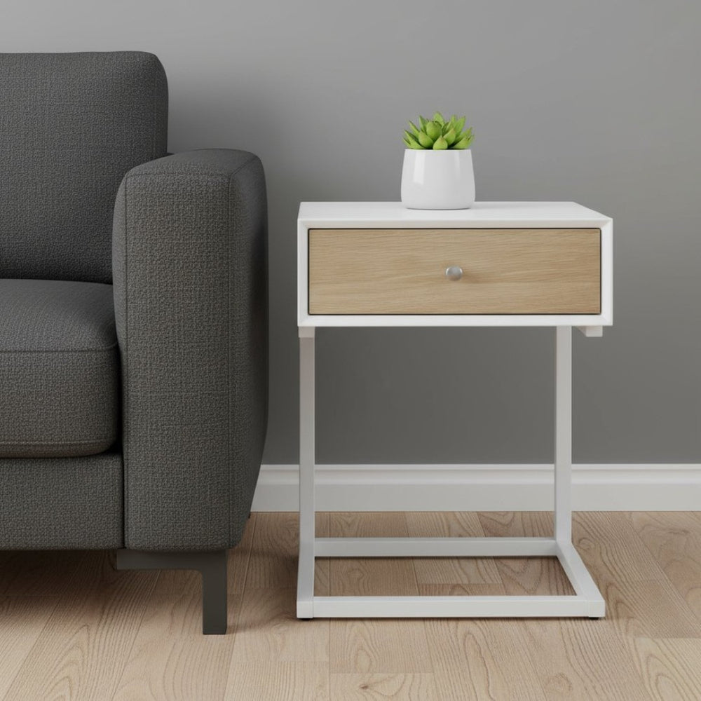 HomeRoots 25" Mid-Century Modern White and Natural Wood End Table with Drawer and USB Port for Small Spaces 654013