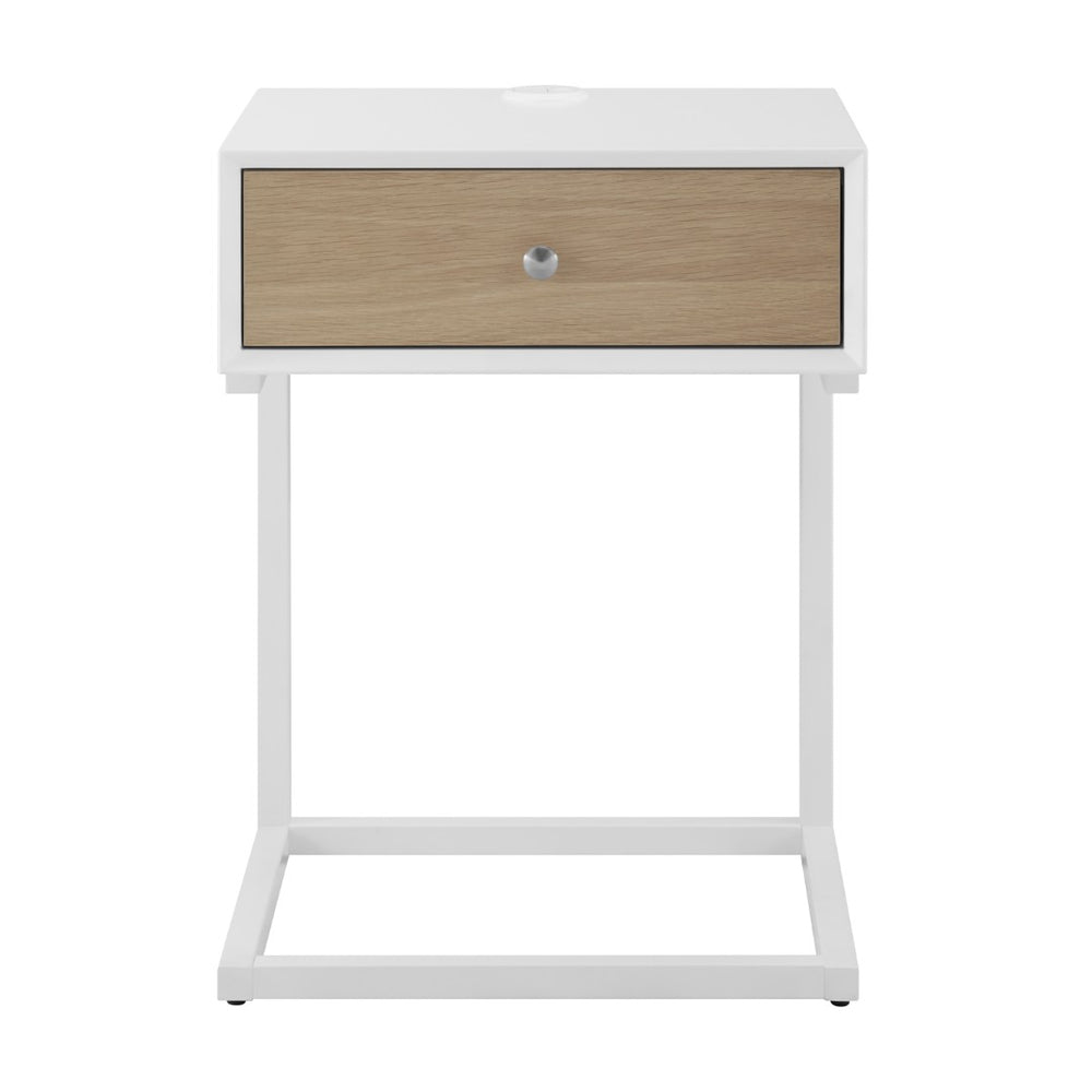 HomeRoots 25" Mid-Century Modern White and Natural Wood End Table with Drawer and USB Port for Small Spaces 654013