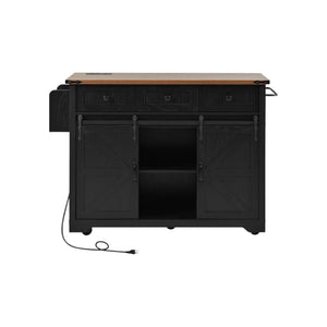 HomeRoots 54" Black Wood Barn Door Rolling Kitchen Island with USB - Expandable, Rustic Charm & Ample Storage 654015