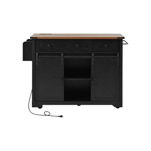 HomeRoots 54" Black Wood Barn Door Rolling Kitchen Island with USB - Expandable, Rustic Charm & Ample Storage 654015