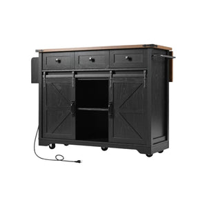 HomeRoots 54" Black Wood Barn Door Rolling Kitchen Island with USB - Expandable, Rustic Charm & Ample Storage 654015