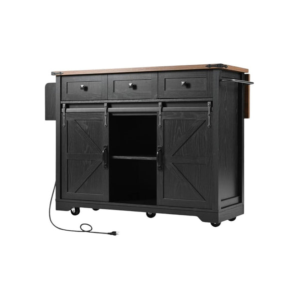 HomeRoots 54" Black Wood Barn Door Rolling Kitchen Island with USB - Expandable, Rustic Charm & Ample Storage 654015