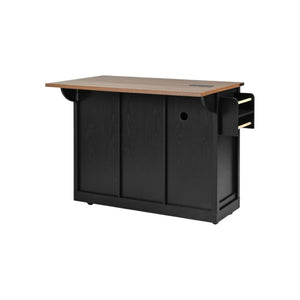 HomeRoots 54" Black Wood Barn Door Rolling Kitchen Island with USB - Expandable, Rustic Charm & Ample Storage 654015